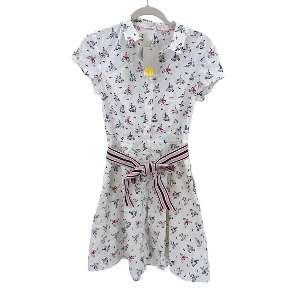 Boden White Scooter Print Shirt Dress with Striped Belt